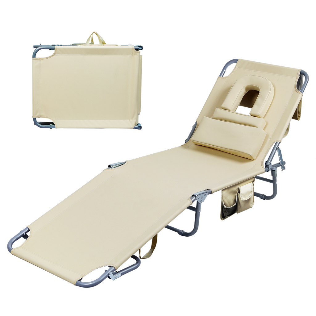 Levede Foldable Beach Lounge Chairs with Face Hole Khaki-1954802423549792264