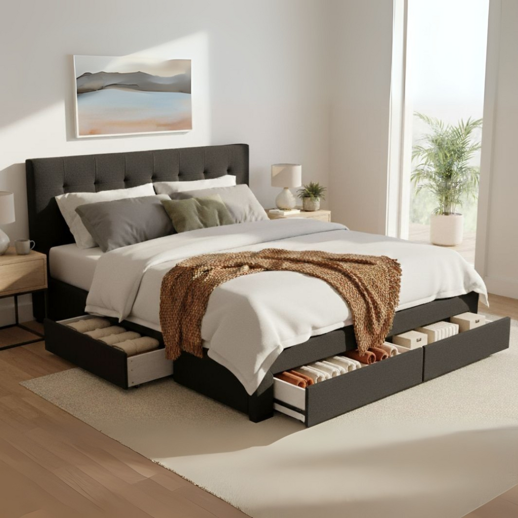 Levede Queen Bed Frame Fabric Tufted Dark Grey-1972833487778091015