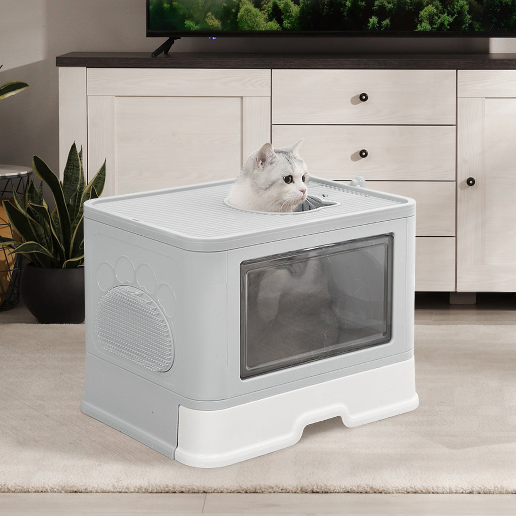 PaWz Foldable Cat Litter Box Tray Enclosed Grey-1954802553015373830