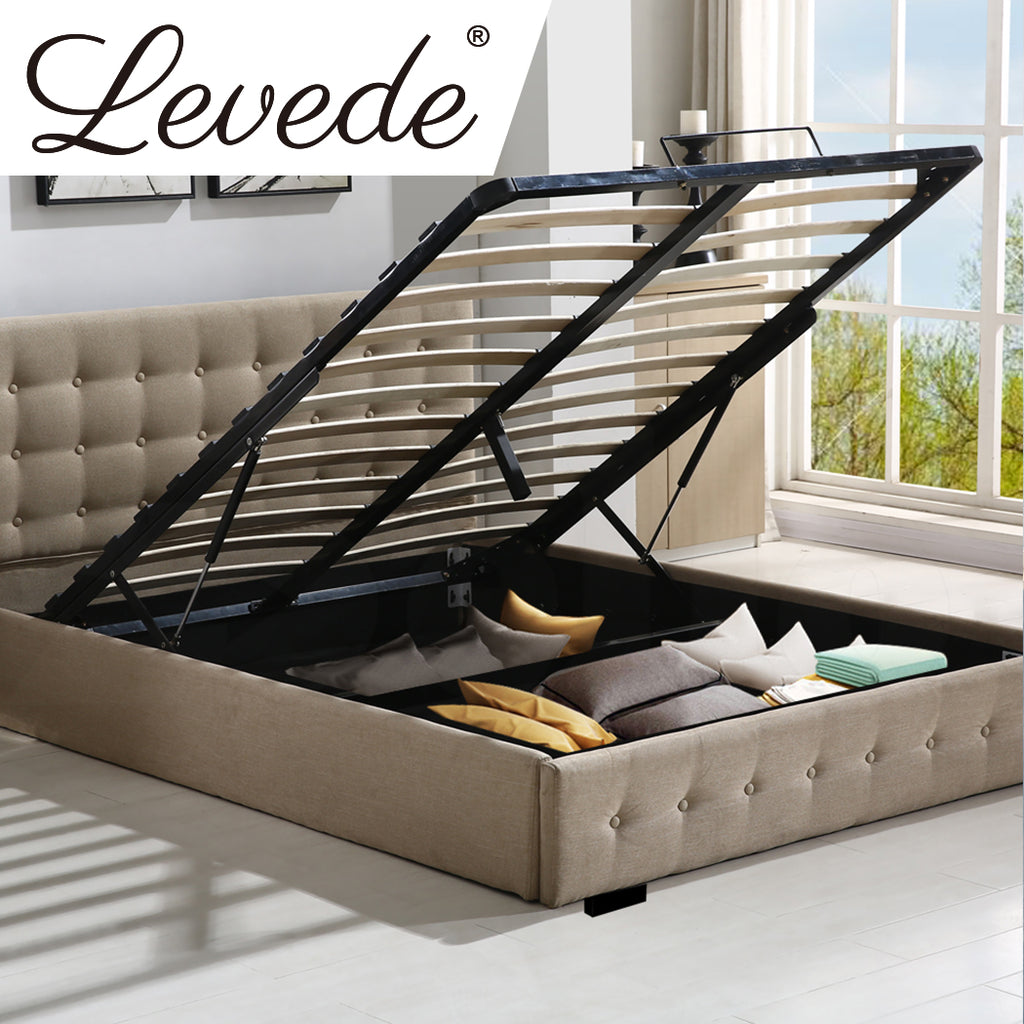 Levede Fabric Bed Frame Queen Tufted Beige-1954802922814574598