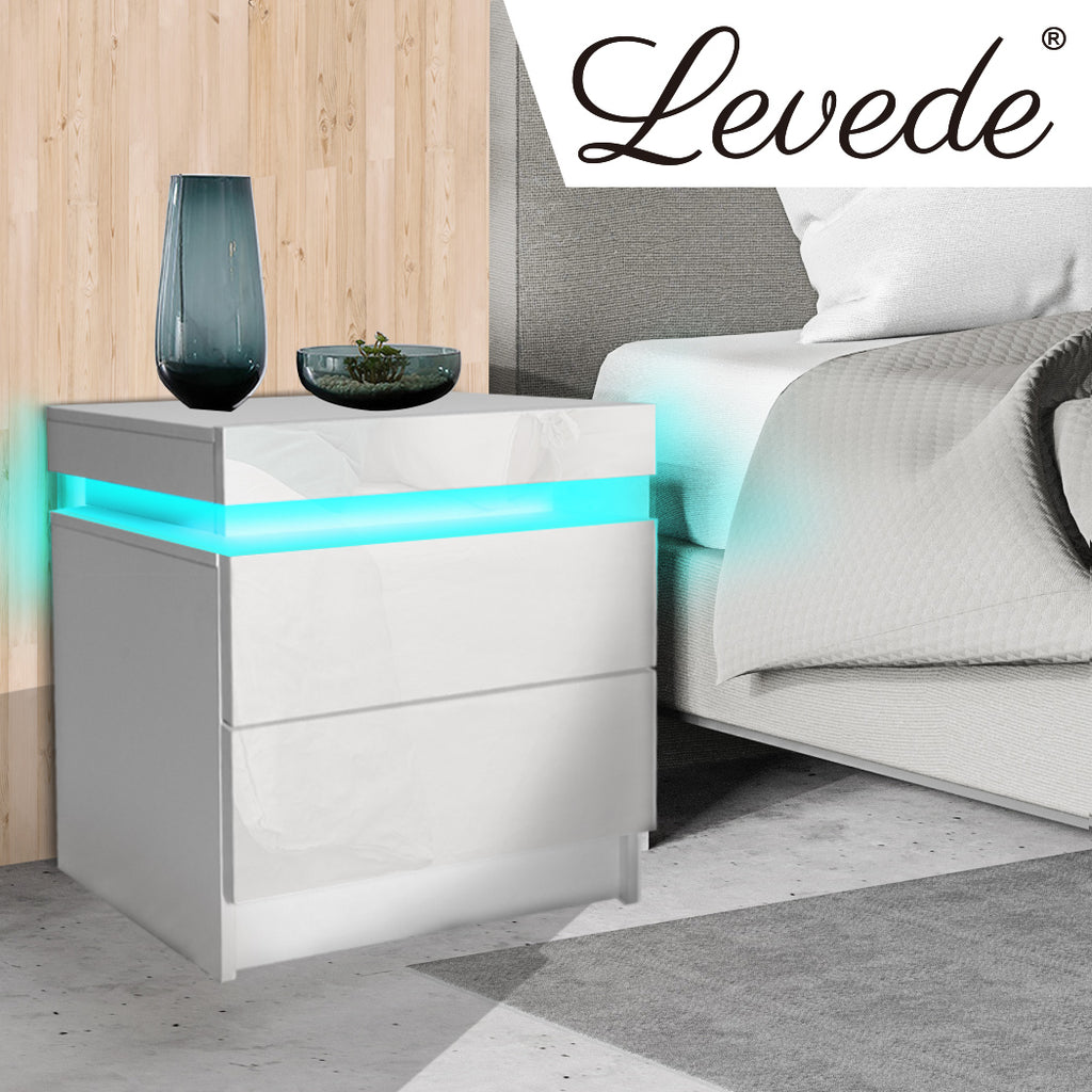 Levede Bedside Tables RGB LED Side Table White-1954802716282851335