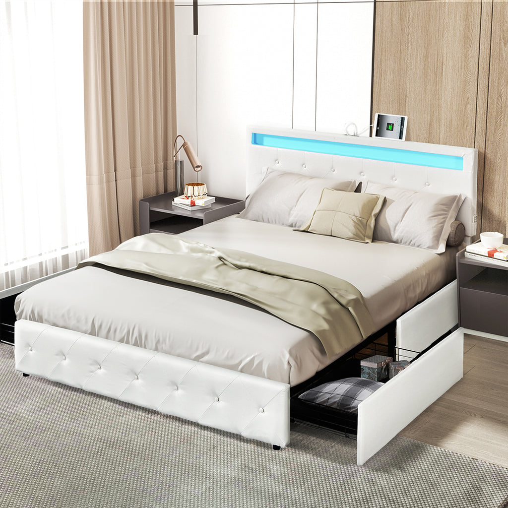 Levede Double Bed Frame RGB LED PU 4 Drawer USB-1954802376502284295