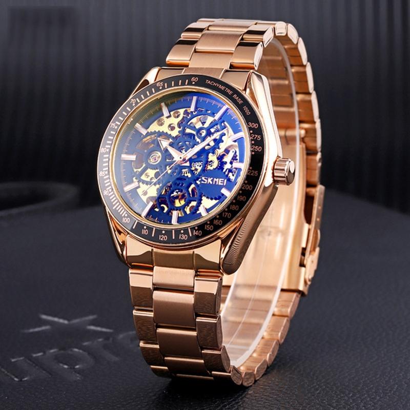 Silver Steel Band Automatic Skeleton Watch For Men-1922443454894444547