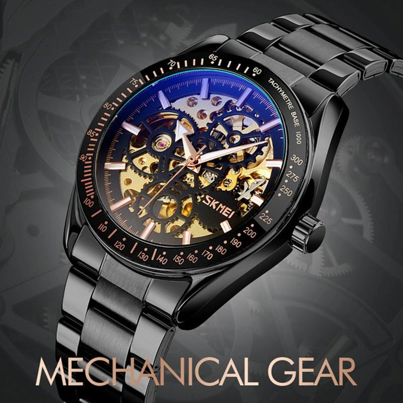 Rose Gold Automatic Skeleton Watch For Men With Steel Band-1915197798190551042