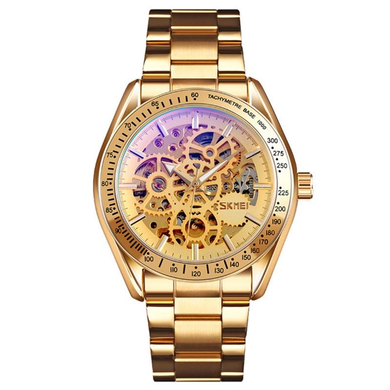 Golden Steel Band Automatic Skeleton Watch For Men-1915197616329723904