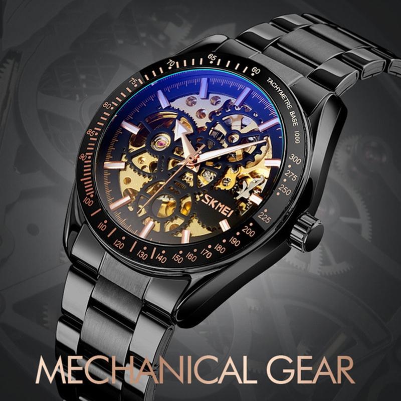 Golden Steel Band Automatic Skeleton Watch For Men-1915197616329723906
