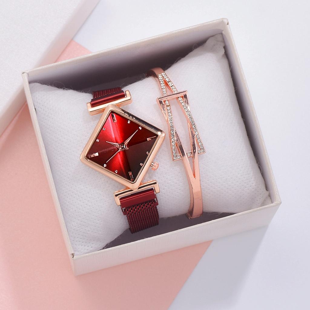 Red Diamond Dial Quartz Watch & Bracelet Set For Women-1922443444240912386