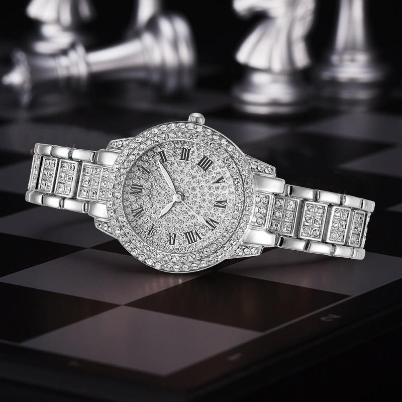 Silver Full Diamond Roman Steel Strap Quartz Watch-1915197690787008513