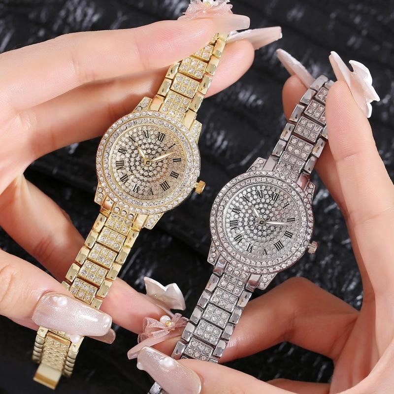 Silver Full Diamond Roman Steel Strap Quartz Watch-1915197690787008515