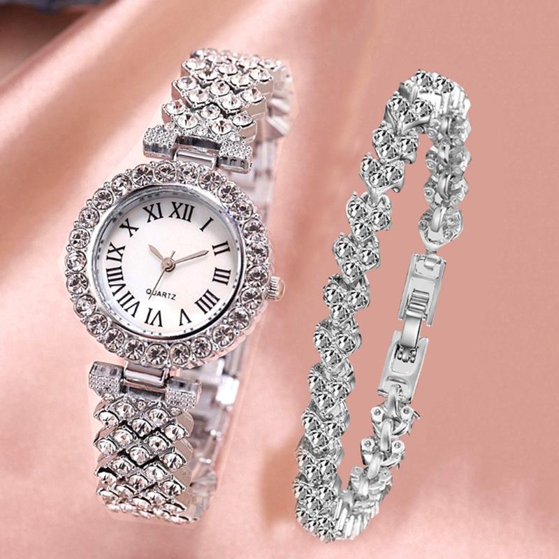 Silver Roman Diamond Quartz Watch With Bracelet - Women-1915197624458285056