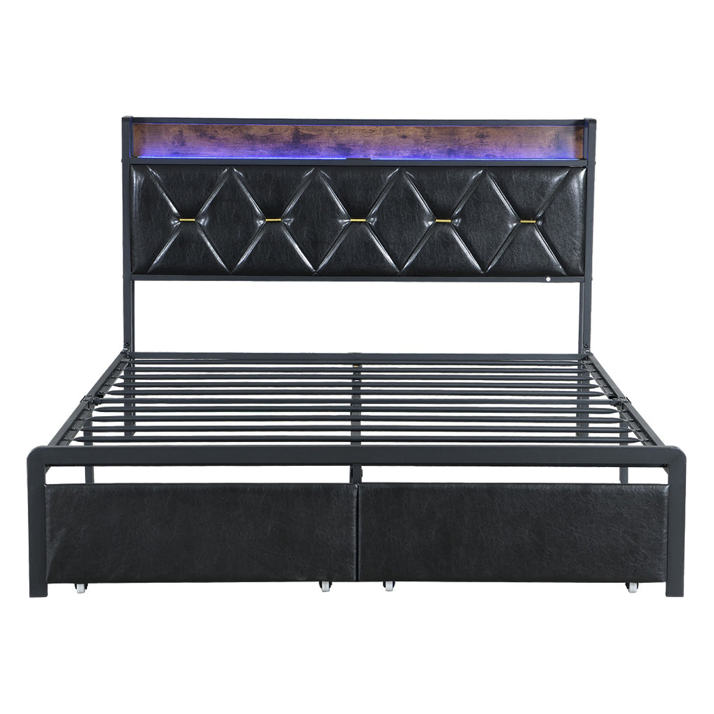 Levede Queen Metal Bed Frame LED Lights 2 Drawers-1954802444034772993