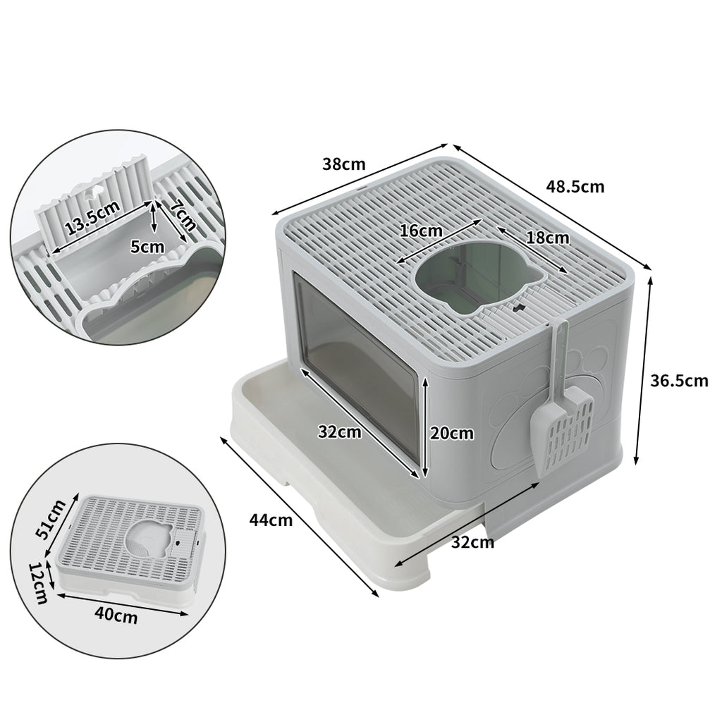PaWz Foldable Cat Litter Box Tray Enclosed Grey-1954802553015373826
