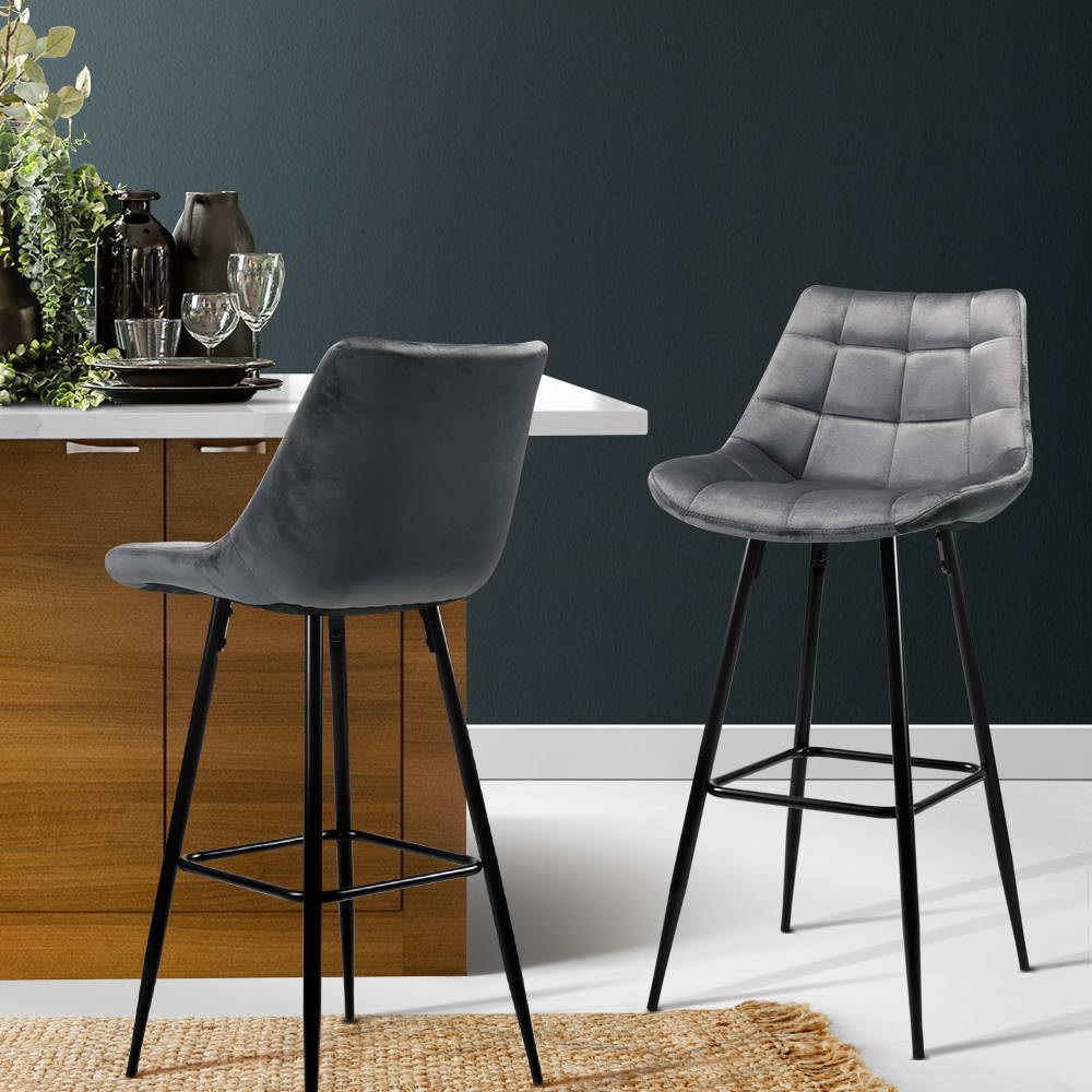 Artiss 2x Bar Stools Velvet Chairs Grey