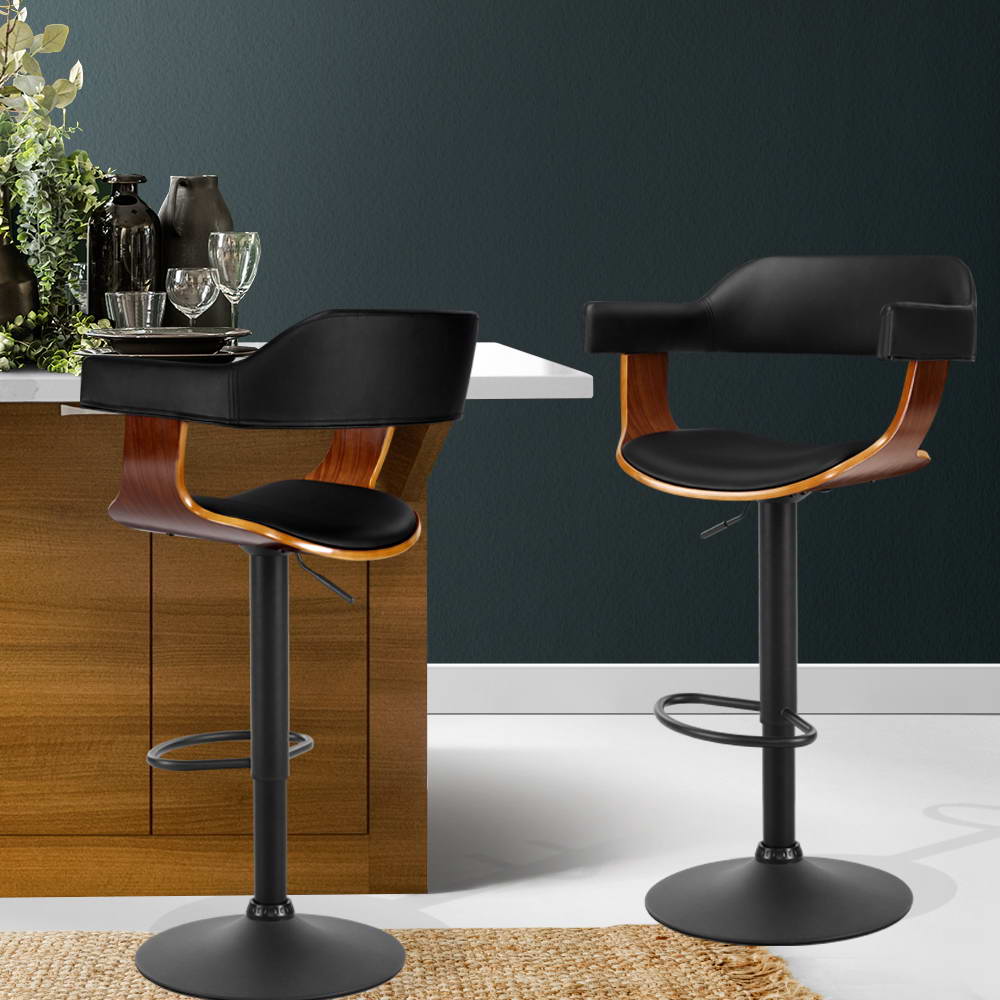 Artiss Bar Stools Gas Lift Leather w/Armrest All Black