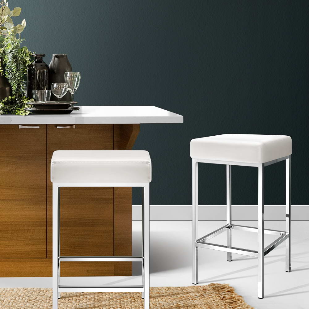 Artiss 2x Bar Stools Leather Padded Metal White