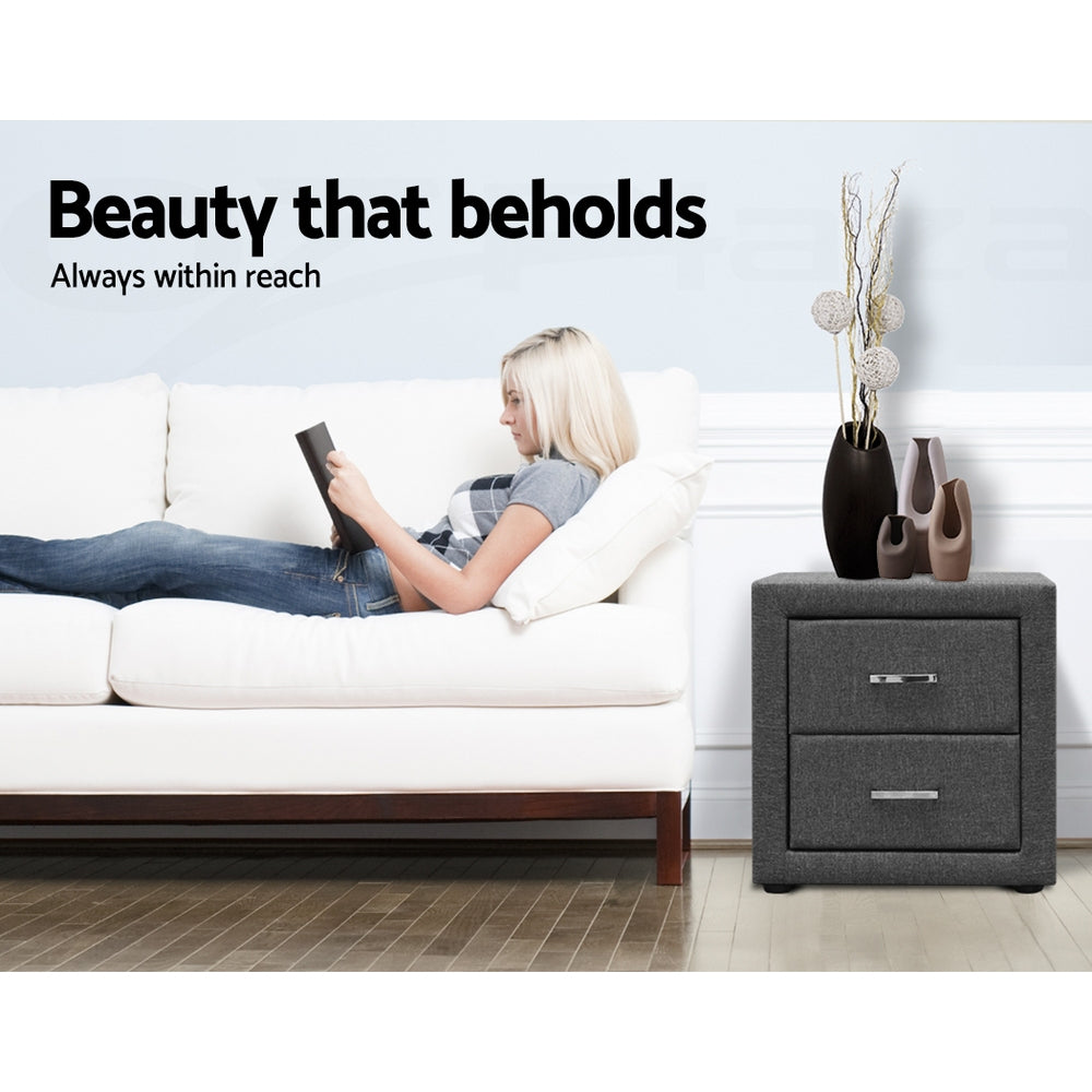 Artiss Bedside Table 2 Drawers Fabric - CADEN Grey