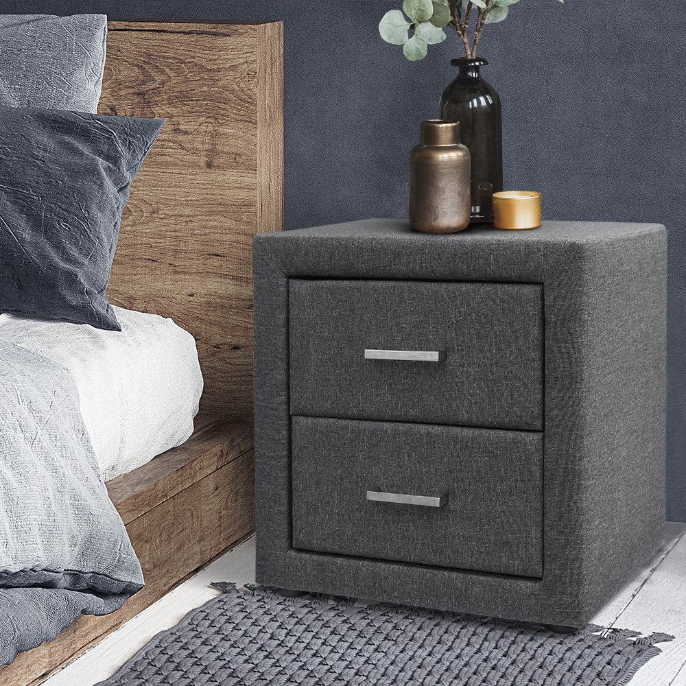 Artiss Bedside Table 2 Drawers Fabric - CADEN Grey