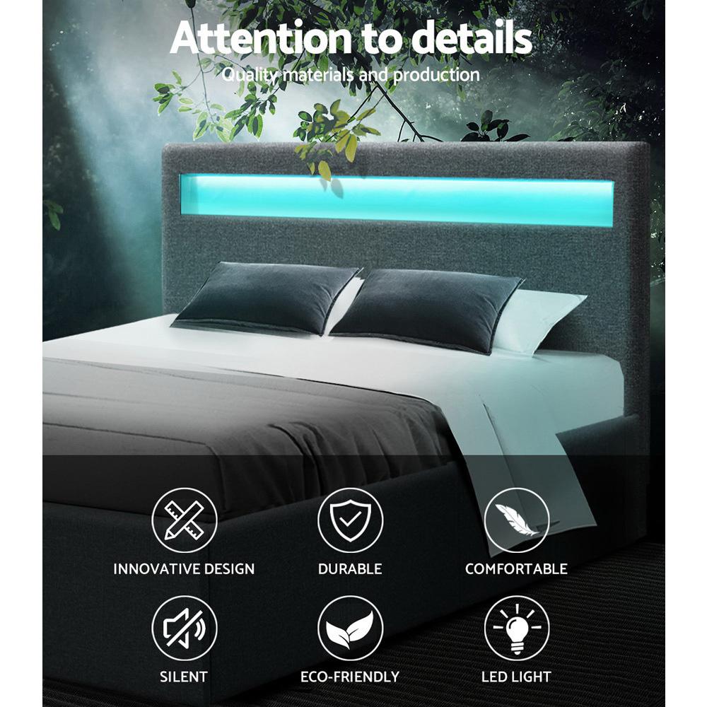 Artiss Bed Frame Double Size LED Gas Lift Grey COLE