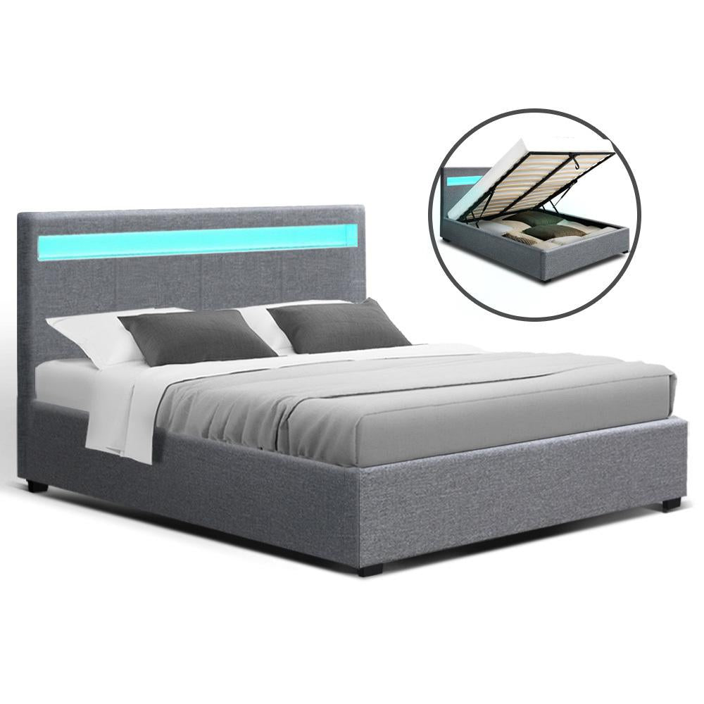 Artiss Bed Frame Queen Size LED Gas Lift Grey COLE