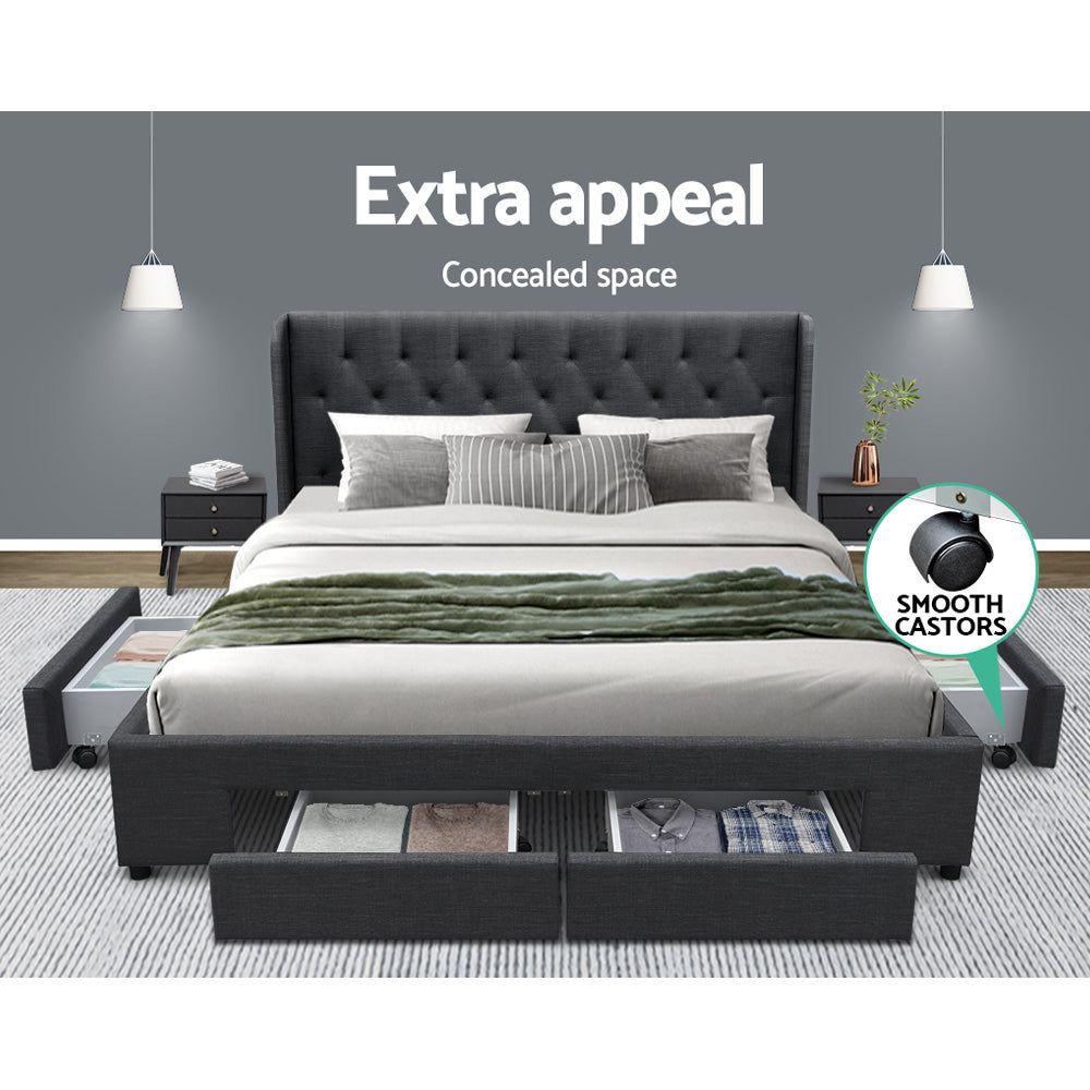 Artiss Bed Frame King Size with 4 Drawers Charcoal MILA
