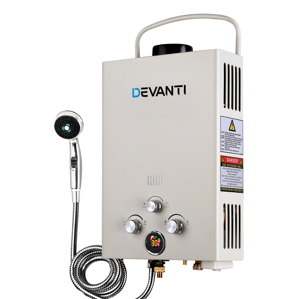 Devanti Portable Gas Water Heater 8L/Min LPG System Grey