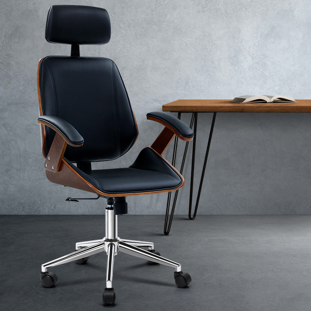 Artiss Wooden Office Chair Leather Seat Black