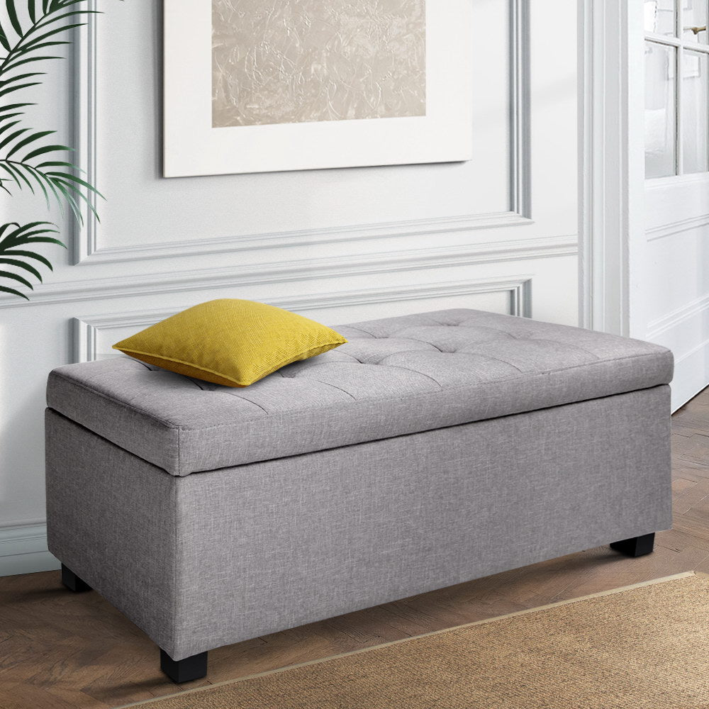 Artiss Storage Ottoman Blanket Box 97cm Linen Light Grey