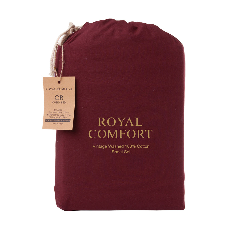 Royal Comfort Vintage Washed 100% Cotton Sheet Set Queen- Mulled Wine-1951134889478852611