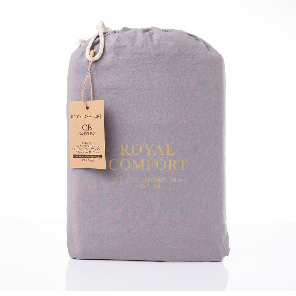 Royal Comfort Vintage Washed 100% Cotton Sheet Set King - Grey-1951134890225438727