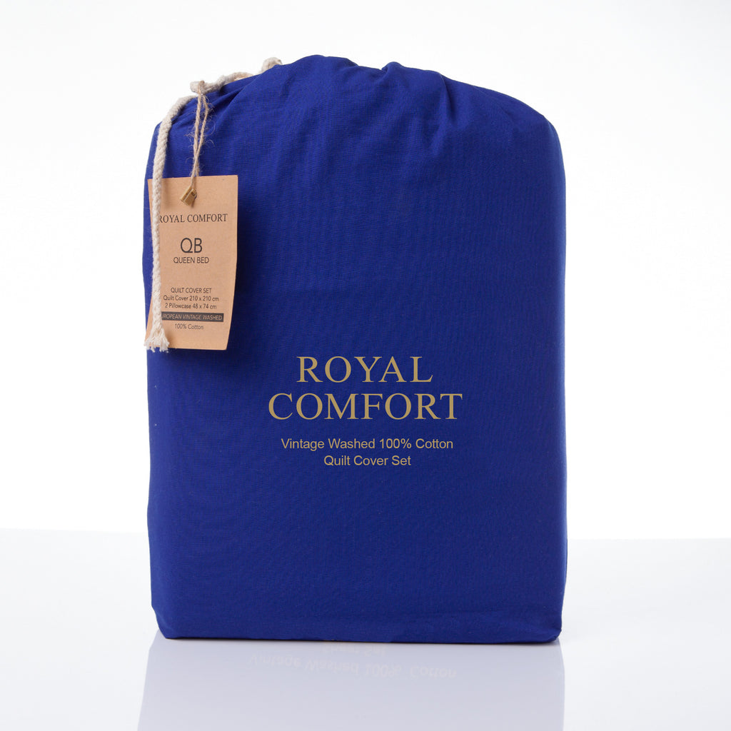 Royal Comfort Vintage Washed 100 % Cotton Quilt Cover Set Single - Royal Blue-1951134831467433986