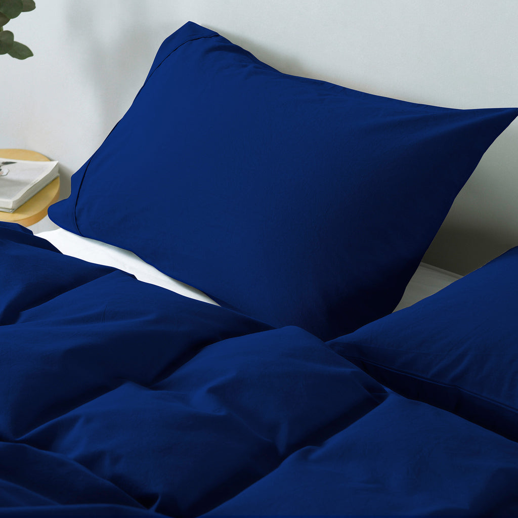Royal Comfort Vintage Washed 100 % Cotton Quilt Cover Set Single - Royal Blue-1951134831467433988