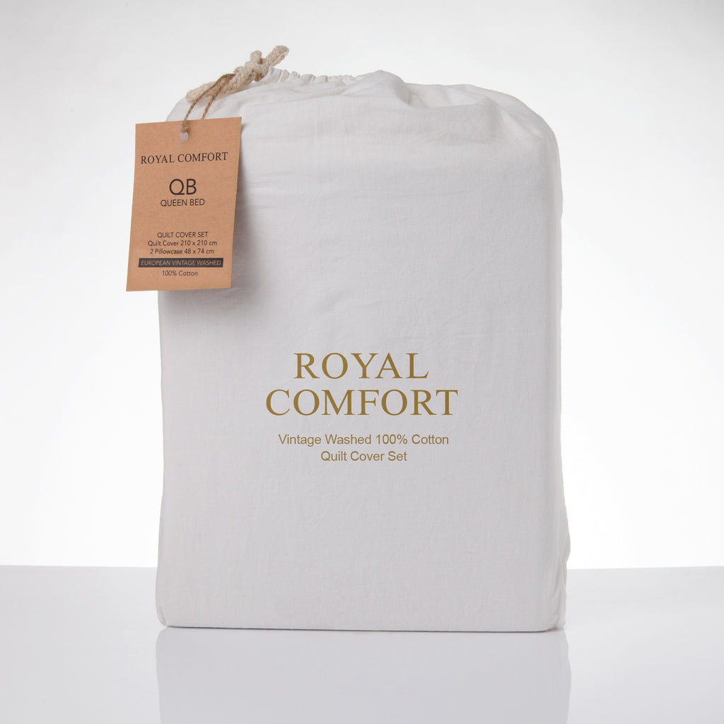 Royal Comfort Vintage Washed 100 % Cotton Quilt Cover Set Double - White-1951134831840727042