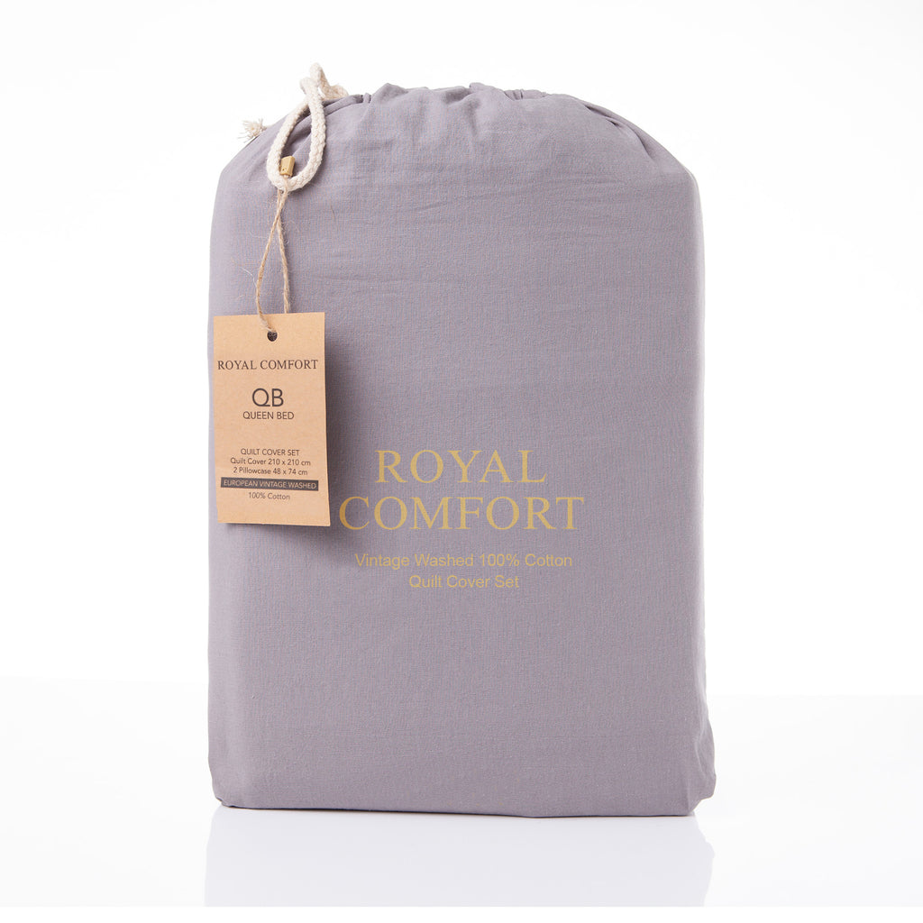 Royal Comfort Vintage Washed 100 % Cotton Quilt Cover Set Double - Grey-1951134832021082114