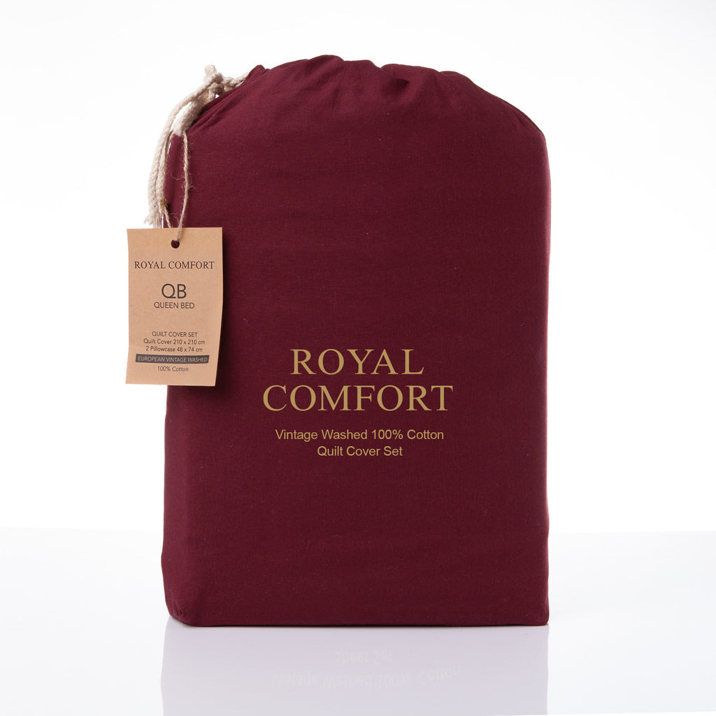 Royal Comfort Vintage Washed 100 % Cotton Quilt Cover Set Double - Mulled Wine-1951134832553758722