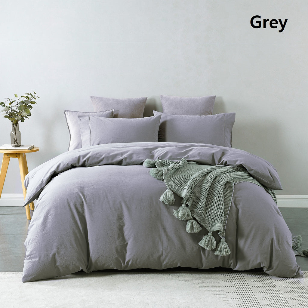 Royal Comfort Vintage Washed 100 % Cotton Quilt Cover Set Queen - Grey-1951134832922857475