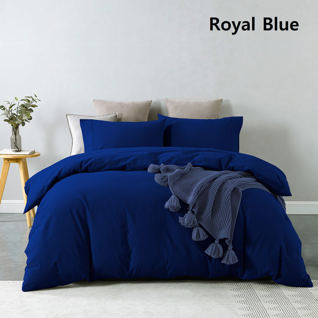 Royal Comfort Vintage Washed 100 % Cotton Quilt Cover Set Queen - Royal Blue-1951134833287761926
