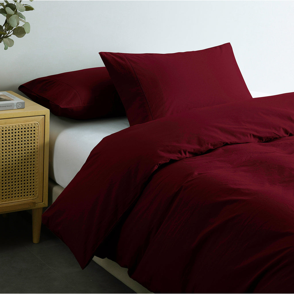 Royal Comfort Vintage Washed 100 % Cotton Quilt Cover Set Queen - Mulled Wine-1951134833484894211