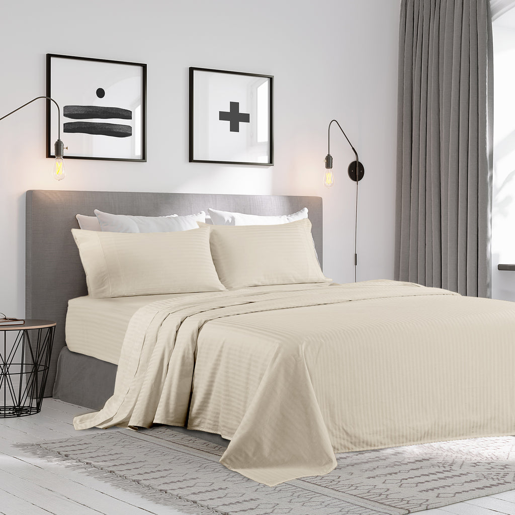 KENSINGTON 1200TC COTTON SHEET SET IN STRIPE-KING - SAND-1951134851184857090