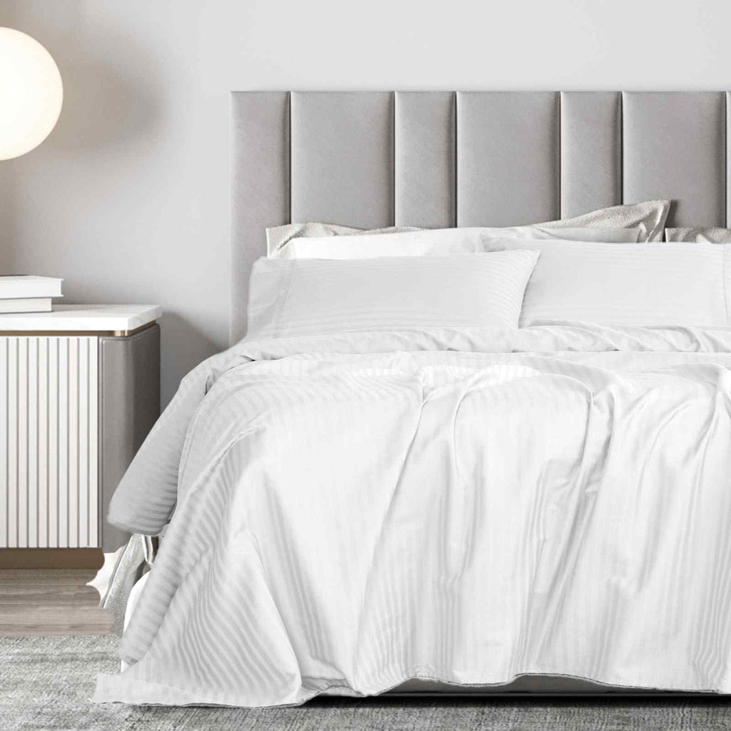 Royal Comfort 1200 Thread count Damask Stripe Cotton Blend sheet sets Queen White-1951134866385014785