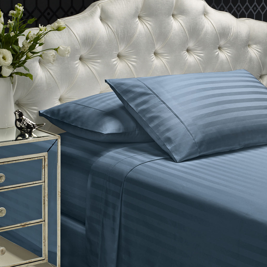 Royal Comfort 1200 Thread count Damask Stripe Cotton Blend sheet sets King Blue Fog-1951134870315077632