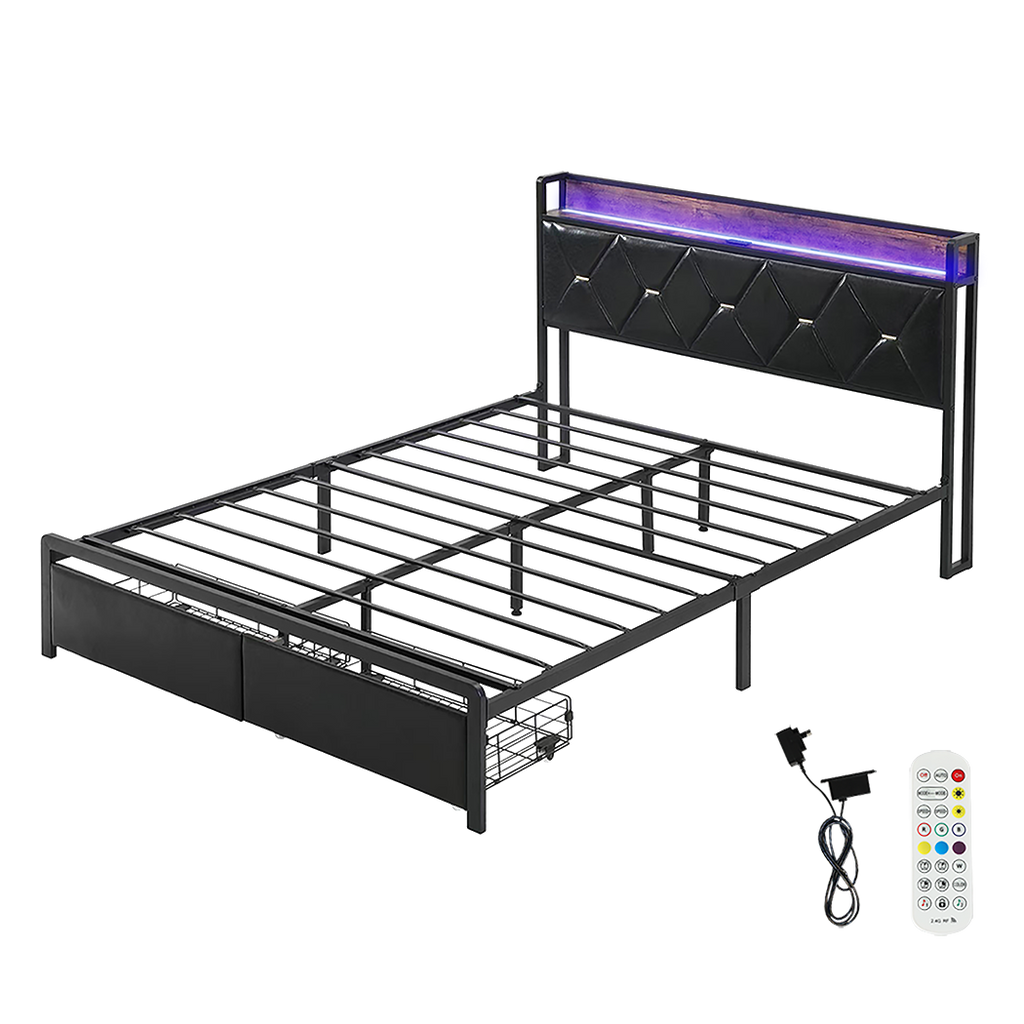 Levede Queen Metal Bed Frame LED Lights 2 Drawers-1954802444034773000
