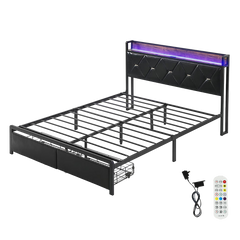 Levede Queen Metal Bed Frame LED Lights 2 Drawers-1954802444034773000