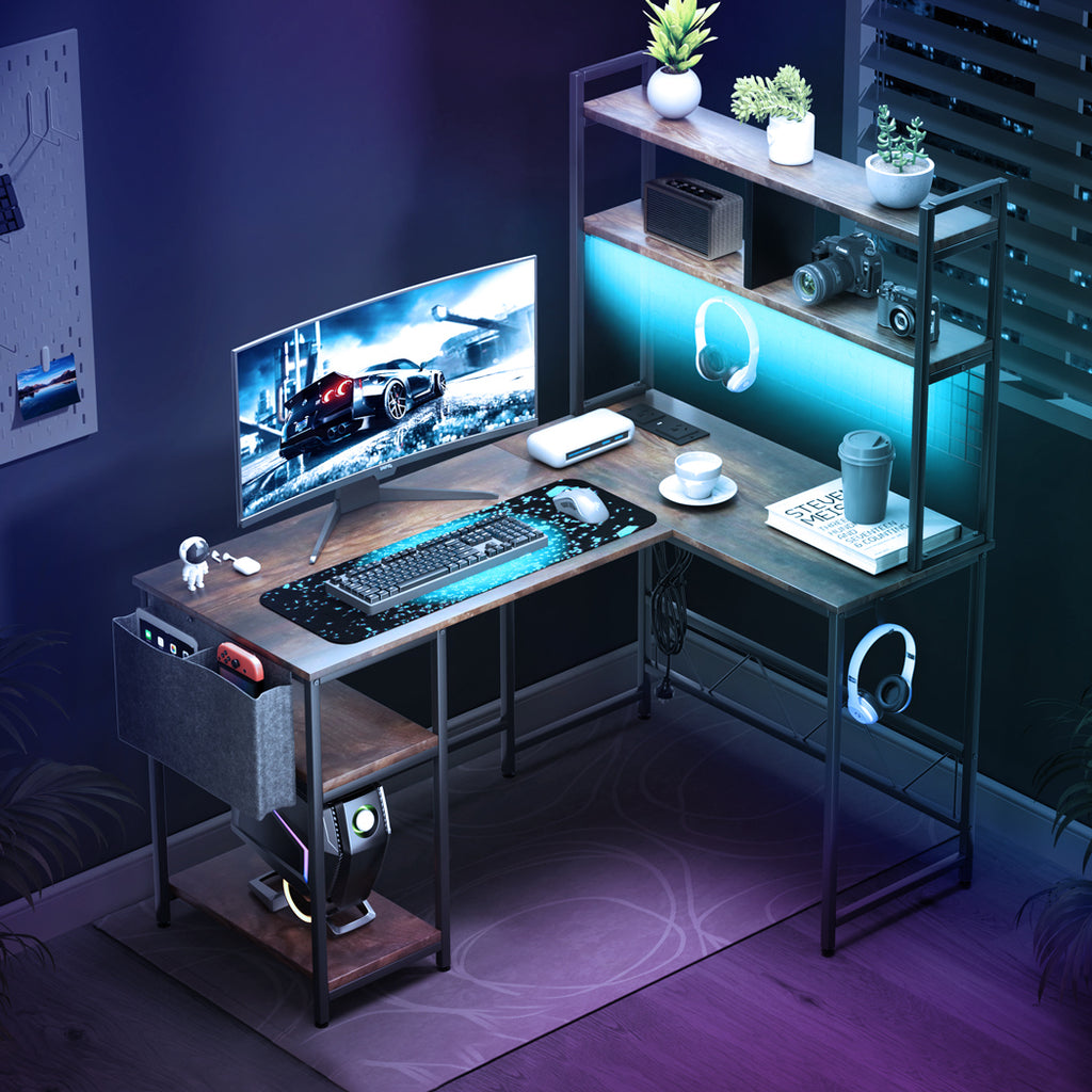 Levede L Shaped Gaming Desk with LED Lights Brown-1954802382403670023