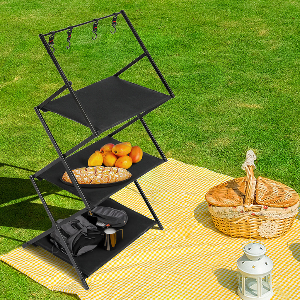 Levede Foldable Camping Storage Shelves 3 Layer with Hooks Black-1954802656971198471