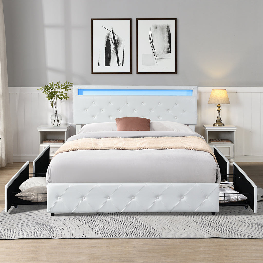 Levede Double Bed Frame RGB LED PU 4 Drawer USB-1954802376502284294