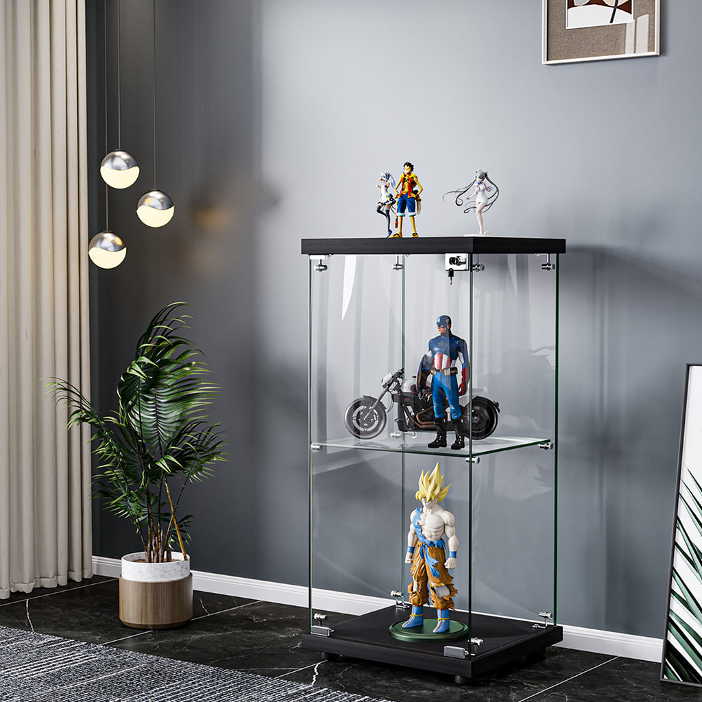 Stacked Display Cabinet Collection Storage Tempered Glass 2 Tier With Lock Black-1954802399617093638