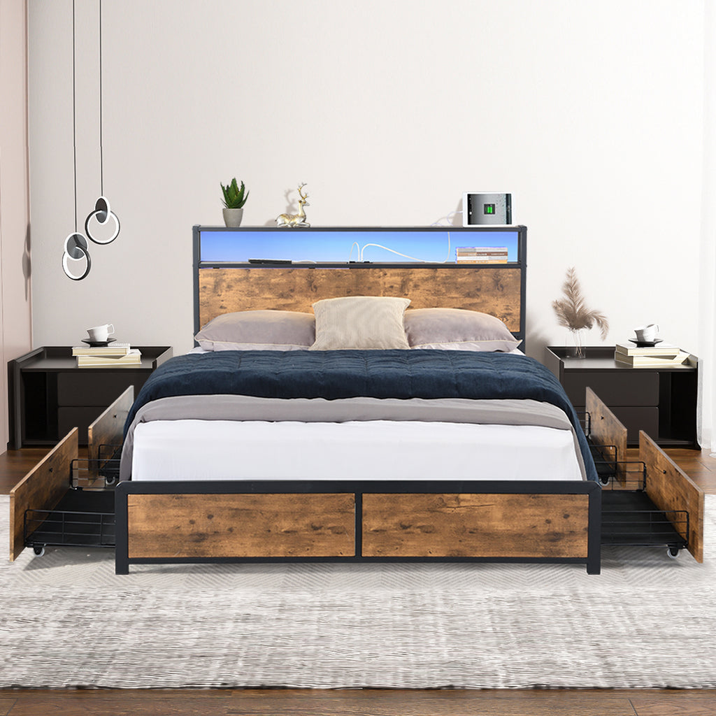 Levede Queen Bed Frame RGB LED 4 Drawers USB-1954802934869004295