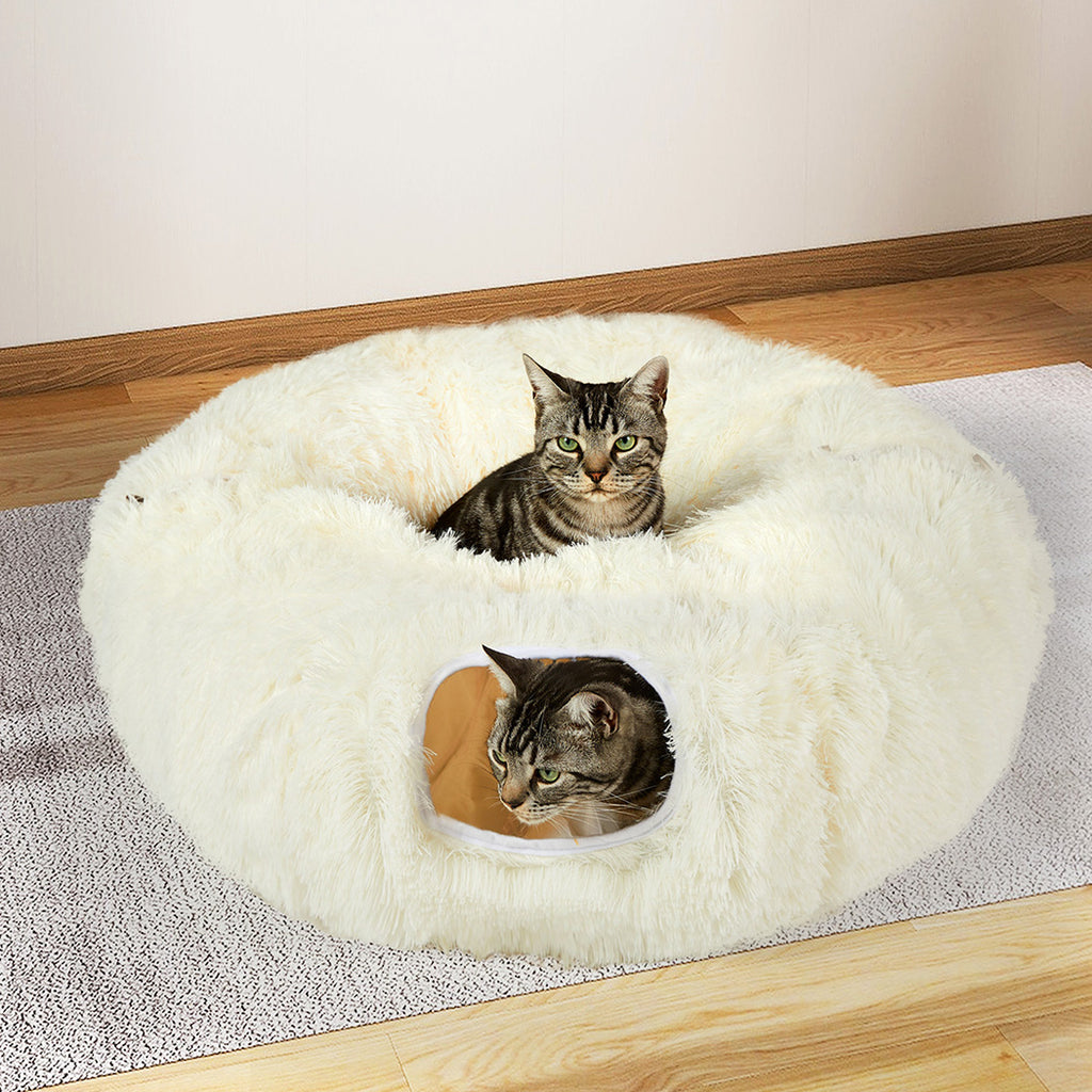 Pawz Cat Tunnel Foldable Fluffy Plush Play Tube Beige-1954802453568425990