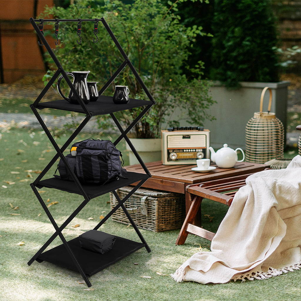 Levede Foldable Camping Storage Shelves 3 Layer with Hooks Black-1954802656971198470