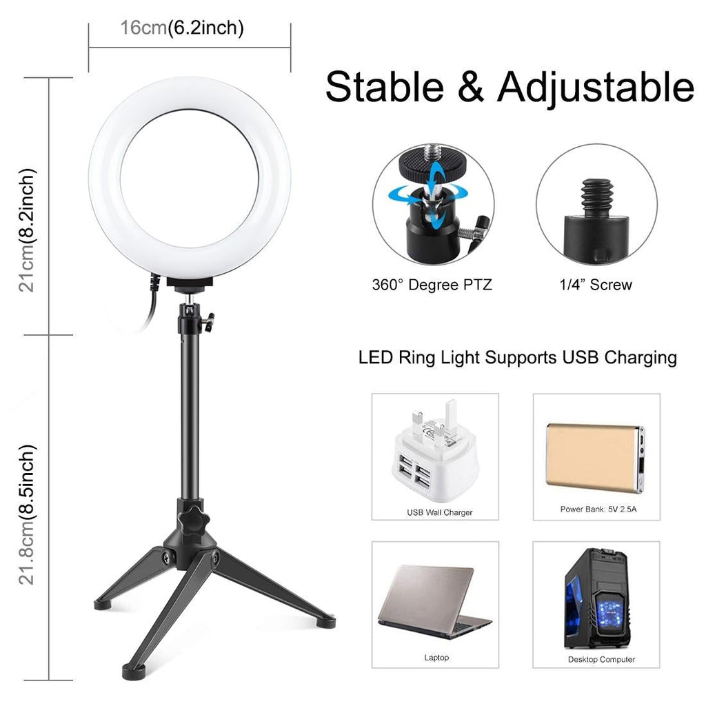 6.2 Led Ring Light With Usb 3 Modes Dimmable Desktop Tripod Cold Shoe Ball Head-1915197890872086530